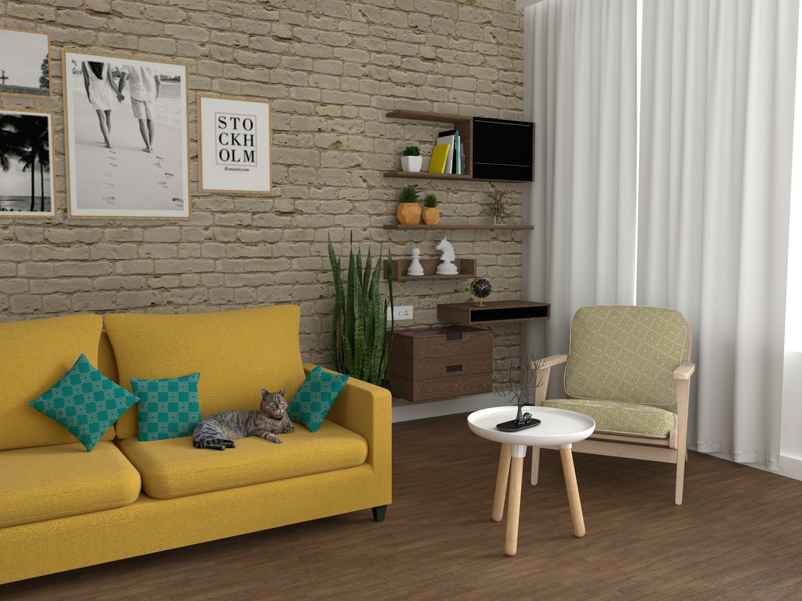 Mehrere Möbel stehen auf glattem Holzboden in einem Raum